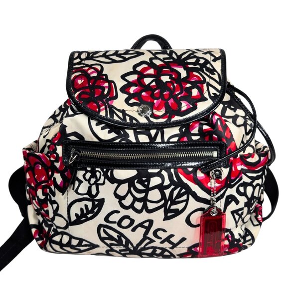 Coach Poppy Daisy Floral Graffiti Nylon Patent Leather Backpack F16582 - Picture 1 of 12